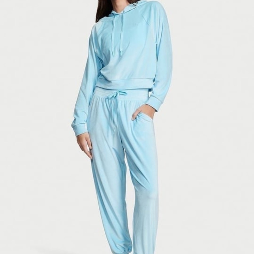 Victorias Secret On Point XL Ribbed Velour Light Blue Hoodie and Jogger Set
